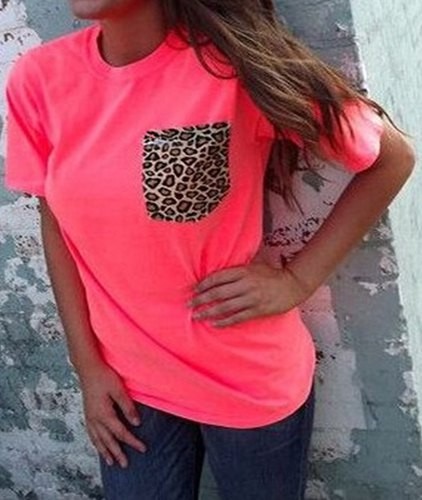 Stylish Round Neck Short Sleeve Leopard Print T-Shirt For Women pink