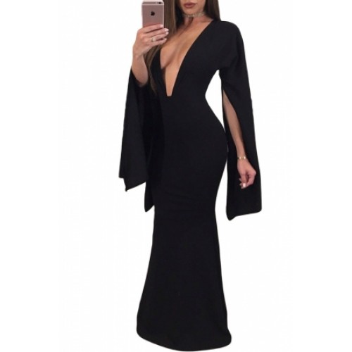 black long sleeve plunge maxi dress