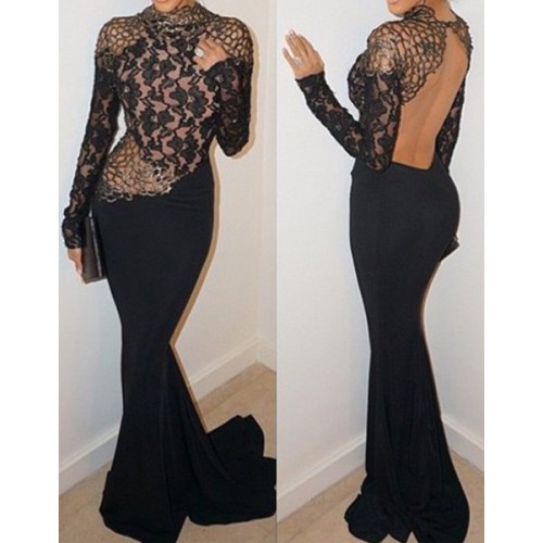 long sleeve backless gown
