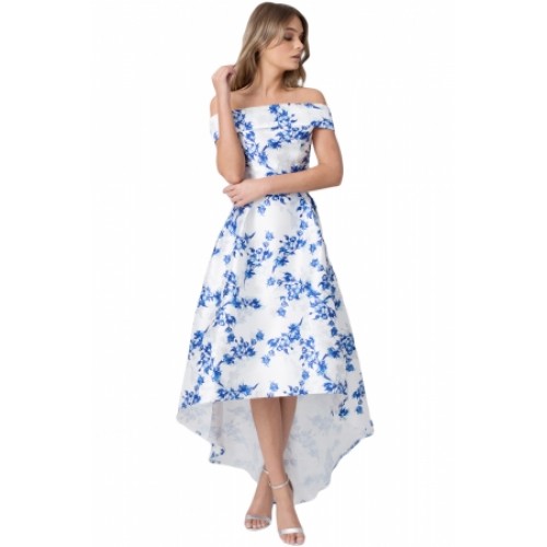 white prom dress with blue flowers