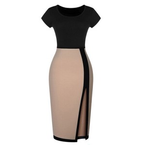 Color Block Short Sleeve Round Collar Slit Side Design Dress For Women Beige