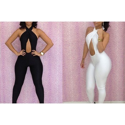 Criss-Cross Hollow Out Backless Sexy Polyester Solid Color Jumpsuit For Women black white