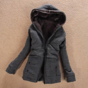 Laconic Hooded Zipper Design Solid Color Long Sleeve Thicken Slimming Fleece Coat For Women gray black