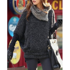Loose-Fitting Batwing Sleeve Fashionable Turtle Neck With Fur Women's Sweater deep gray