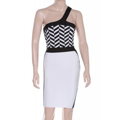 Sexy Women's One-Shoulder Color Block Slimming Bandage Dress black white