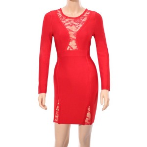 Sexy Women's Round Neck Lace Splicing Long Sleeve Bandage Dress red