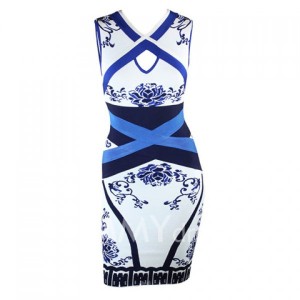 Stylish Blue And White Porcelain Print Cut Out Sleeveless Bandage Dress For Women