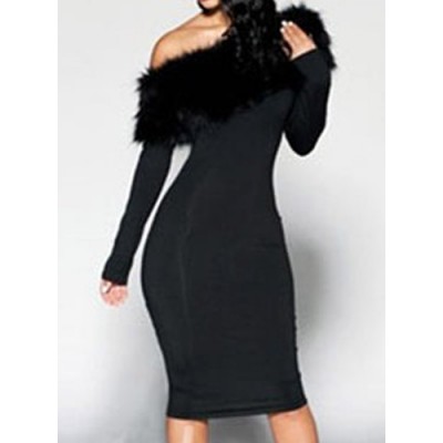 Stylish Solid Color Sloping Shoulder Long Sleeve Dress For Women black
