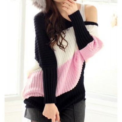 Stylish Women's Scoop Neck Dolman Sleeve Color Block Sweater pink
