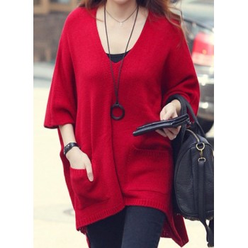 Stylish Women's V-Neck Dolman Sleeve Loose-Fitting Sweater apricot red
