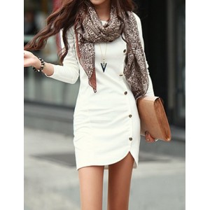 Trendy Buttons Design Long Sleeve Round Collar Solid Color Pullover Dress For Women white gray khaki black