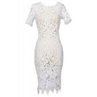 White Color Short Sleeve Round Collar Hollow Out Design Sexy Dress For Women lace