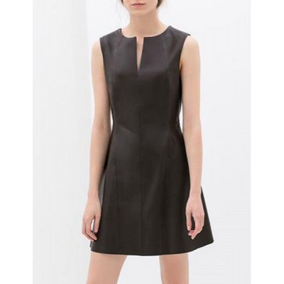 Elegant V-Neck Sleeveless Solid Color PU Leather Dress For Women black