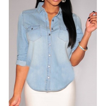 Fashionable Shirt Collar Long Sleeve Pocket Design Denim Shirt For ...