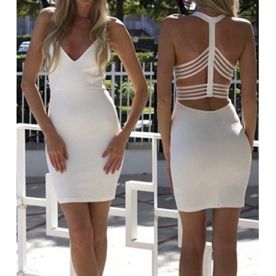 Sexy Backless Plunging Neckline Bodycon Dress For Women white