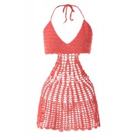 Sexy Openwork Crochet Halter Dress For Women orange red