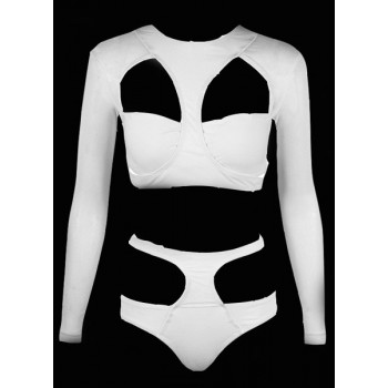 Sexy Round Neck Long Sleeve Solid Color Hollow Out Swimsuit For Women black white