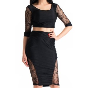 Sexy Scoop Collar Half Sleeve Crop Top + High-Waisted See-Through Skirt Twinset For Women black
