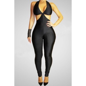 Sexy Sleeveless Halter Solid Color Backless Lace-Up Jumpsuit For Women black