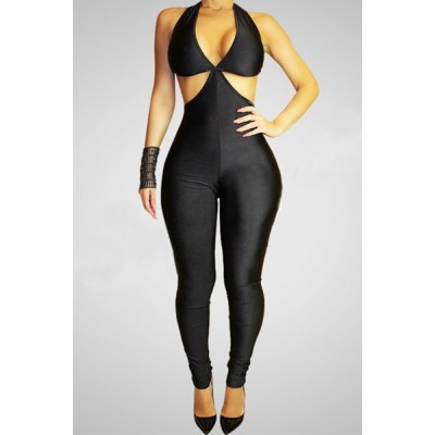 Sexy Sleeveless Halter Solid Color Backless Lace-Up Jumpsuit For Women black