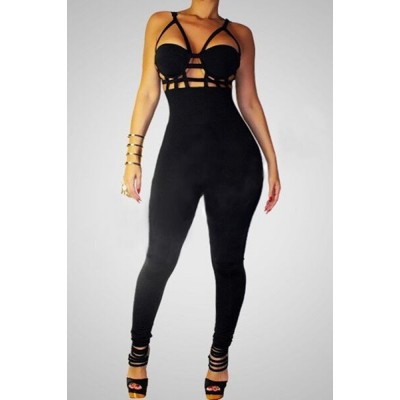 Sexy Spaghetti Strap Solid Color Hollow Out Jumpsuit For Women black white
