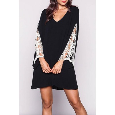 Simple Style V-Neck Crochet Spliced Bell Sleeve T-Shirt Dress For Women