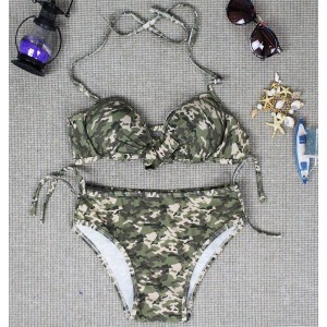 Stylish Halter Lace-Up Camouflage Print Bikini Set For Women green