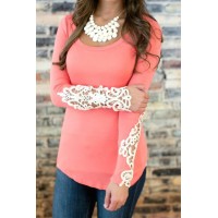 Stylish Long Sleeve Scoop Neck Lace Embellished T-Shirt For Women DEEP BLUE, GREEN, PINK