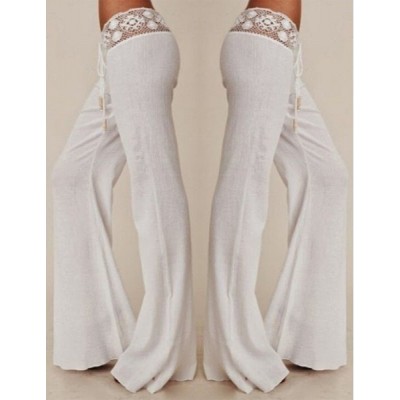 Stylish Mid-Waisted Waist Drawstring Laciness Spliced Pants For Women white