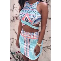 Stylish Round Neck Sleeveless Printed Crop Top + High-Waisted Skirt Twinset For Women blue red white