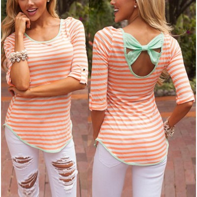 Stylish Scoop Collar Half Sleeve Striped Bowknot Design T-Shirt For Women GREEN, ORANGE