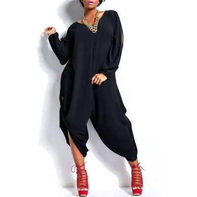 Stylish V-Neck Long Sleeve Cut Out Plus Size Jumpsuit For Women BLACK, GREEN, ORANGE, ROSE, WHITE