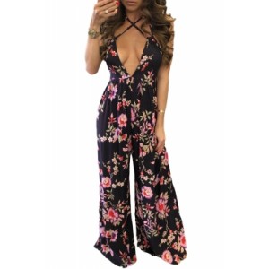 Open Back Flower Print Holiday Jumpsuit