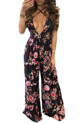 Open Back Flower Print Holiday Jumpsuit