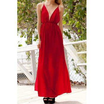 Sexy Women's Spaghetti Strap Solid Color Backless Dress white red