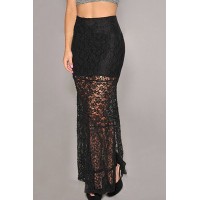 Stylish Women's Side Slit Lined Lace Skirt black