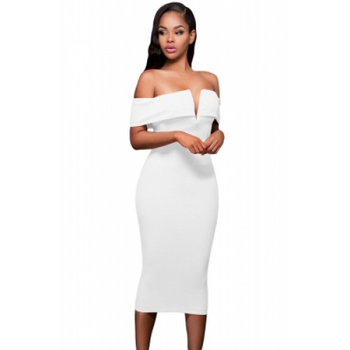 White Off-the-shoulder Midi Dress (White Off-the-shoulder Midi Dress ...