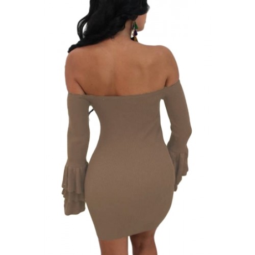 Wine Off The Shoulder Ruffled Sleeve Ribbed Mini Dress brown (Wine Off ...