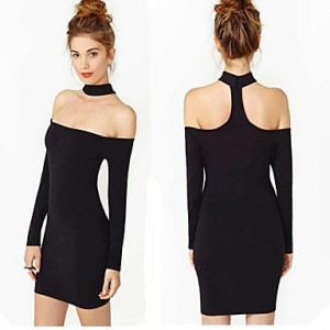 Women's Sexy Off Shoulder Long Sleeve Pencil Halter Mini Dress black