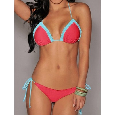 Sexy Halter Laciness Spliced Lace-Up Bikini Set For Women red