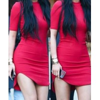 Sexy Round Collar Short Sleeve Solid Color Asymmetrical Bodycon Dress For Women red