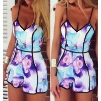 Sexy Spaghetti Strap Sleeveless Printed Low Cut Romper For Women