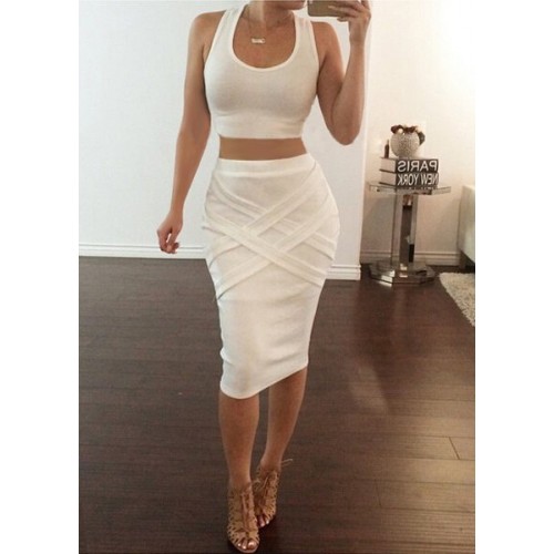 Sexy U-Neck Sleeveless Tank Top + Solid Color Bandage Skirt Twinset For ...