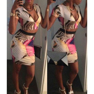 Stylish Round Neck Short Sleeve Printed Blouse + Bodycon Skirt Twinset For Women