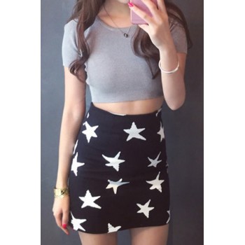 Stylish Scoop Neck Short Sleeve Crop Top + Star Print Bodycon Skirt Twinset For Women white gray pink