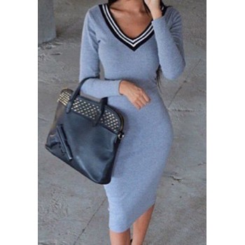 Stylish V-Neck Long Sleeve Slimming Spliced Dress For Women blue black