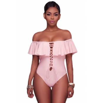 Black Ruffle Off-The-Shoulder One Piece Swimsuit Pink