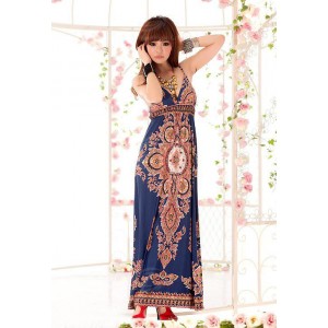 Bohemian Sexy Plunging Neck Sleeveless Tiny Floral Print Maxi Dress For Women blue