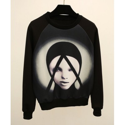 Long Sleeves Jewel Neck Printed Casual Sweatshirt For Women black
