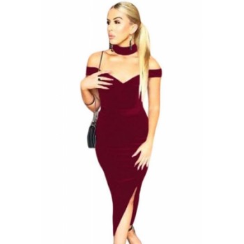 Luxurious Velvet Long Party Dress with Choker Black Red